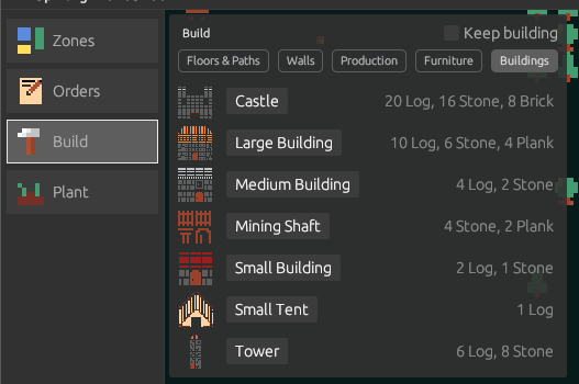example build menu categories